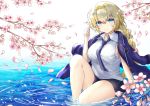  1girl absurdres bangs black_shorts blonde_hair blue_eyes blue_jacket blue_neckwear braid breasts cherry_blossoms closed_mouth collared_shirt commentary_request eyebrows_visible_through_hair fate/apocrypha fate_(series) highres jacket jacket_on_shoulders jeanne_d&#039;arc_(fate) jeanne_d&#039;arc_(fate)_(all) long_hair long_sleeves looking_at_viewer medium_breasts necktie nuts_p_nuts open_clothes open_jacket outdoors petals ripples shallow_water shirt short_shorts shorts single_braid sitting smile solo spring_(season) tree_branch very_long_hair water white_shirt 