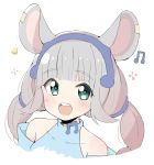  1girl :d animal_ears bangs beamed_eighth_notes blue_shirt blush collarbone commentary covered_collarbone cropped_torso ear_piercing eyebrows_visible_through_hair face green_eyes grey_hair hatsuka_chiyu highres long_hair looking_at_viewer mouse_ears musical_note okota_mikan open_mouth original piercing round_teeth shirt sidelocks simple_background sleeveless sleeveless_shirt smile solo teeth twintails upper_body upper_teeth virtual_youtuber white_background 