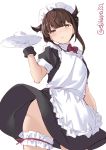  1girl alternate_costume apron bangs blush bow bowtie brown_hair cup ebifurya enmaided eyebrows_visible_through_hair gloves hair_flaps hatsuzuki_(kantai_collection) highres holding holding_tray kantai_collection lips maid maid_apron maid_dress maid_headdress parted_lips red_bow red_neckwear short_hair short_sleeves simple_background solo tray twitter_username white_background white_gloves yellow_eyes 