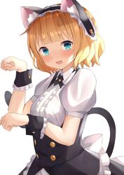  1girl adapted_costume animal_ears apron bangs black_neckwear black_ribbon blonde_hair blue_eyes blunt_bangs blush cat_ears cat_tail collared_shirt dress_shirt eyebrows_visible_through_hair fake_animal_ears fleur_de_lapin_uniform gochuumon_wa_usagi_desu_ka? headdress highres kirima_sharo looking_at_viewer neck_ribbon open_mouth paw_pose raru0310 ribbon shirt short_hair short_sleeves simple_background solo standing sweatdrop tail upper_body waist_apron white_apron white_background white_shirt wing_collar wrist_cuffs 