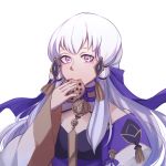  1girl absurdres bad_link cookie eating fire_emblem fire_emblem:_three_houses food graviqc hair_ornament highres long_hair long_sleeves lysithea_von_ordelia pink_eyes simple_background solo upper_body white_background white_hair 