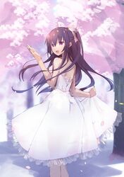  1girl :d backless_dress backless_outfit bangs bare_arms bare_shoulders black_hair blush bow cherry_blossoms commentary_request date_a_live dress eyebrows_visible_through_hair flower frilled_dress frills hair_between_eyes hair_bow hand_up highres long_hair looking_away looking_to_the_side mo_(pixiv9929995) open_mouth petals pink_bow pink_flower pleated_dress ponytail see-through see-through_silhouette skirt_hold smile solo strapless strapless_dress tree very_long_hair violet_eyes white_dress yatogami_tooka 