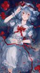  1girl artist_name blue_hair brooch chinese_commentary commentary_request dress feet_out_of_frame flower hand_up hat hat_ribbon highres jewelry looking_at_viewer mob_cap nanaa open_mouth partially_submerged petals red_eyes red_neckwear red_ribbon remilia_scarlet ribbon rose rose_petals short_hair short_sleeves solo touhou water white_dress white_headwear wrist_cuffs 