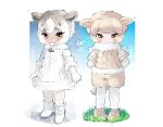  2girls adapted_costume animal_ear_fluff animal_ears arms_behind_back blush boots child coat commentary dall_sheep_(kemono_friends) elbow_gloves eyebrows_visible_through_hair fur-trimmed_coat fur-trimmed_sleeves fur_collar fur_trim gloves grey_hair horizontal_pupils kemono_friends long_sleeves looking_at_viewer multicolored_hair multiple_girls pantyhose scarf sheep_(kemono_friends) sheep_ears sheep_girl sheep_tail shoes short_hair shorts smile sneakers tail translated vest wanwantonaku white_footwear white_gloves white_hair white_legwear winter_clothes winter_coat yellow_eyes younger 