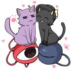  2girls :3 :d ^_^ animalization bangs black_cat black_headwear cat closed_eyes full_body half-closed_eyes hat hat_ribbon heart highres kanonari komeiji_koishi komeiji_koishi_(cat) komeiji_satori komeiji_satori_(cat) looking_at_another multiple_girls open_mouth paws pink_cat ribbon simple_background smile third_eye touhou violet_eyes white_background yellow_ribbon 