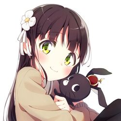  1girl aizaki_(aizkaizk) anko_(gochiusa) bangs blush brown_hair brown_sweater closed_mouth commentary_request crown eyebrows_visible_through_hair flower gochuumon_wa_usagi_desu_ka? green_eyes hair_flower hair_ornament hug long_hair long_sleeves looking_at_viewer mini_crown rabbit sailor_collar school_uniform simple_background sweater ujimatsu_chiya wavy_mouth white_background white_sailor_collar 