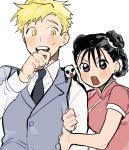  1boy 1girl alphonse_elric animal animal_on_shoulder annoyed arm_hug bare_arms black_eyes black_hair black_neckwear blonde_hair blue_vest blush blush_stickers braid breasts buttons chinese_clothes close-up collared_shirt cu_churain curly_hair d: dot_nose double_bun dress_shirt formal frown fullmetal_alchemist hair_between_eyes hand_to_own_mouth hand_up height_difference long_sleeves looking_at_another looking_at_viewer looking_down looking_to_the_side may_chang medium_breasts multiple_braids necktie nervous open_mouth panda pink_shirt sharp_teeth shirt short_sleeves side-by-side simple_background sweatdrop teeth upper_body upper_teeth v-shaped_eyebrows vest white_background white_shirt xiao-mei yellow_eyes 
