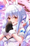  1girl :d ako_suke animal_ear_fluff animal_ears bangs bare_shoulders black_bra black_gloves blue_hair blush bow bra braid bunny_girl carrot_hair_ornament cherry_blossoms commentary_request detached_sleeves eyebrows_visible_through_hair food_themed_hair_ornament fur-trimmed_gloves fur_collar fur_trim gloves hair_bow hair_ornament highres hololive long_hair looking_at_viewer multicolored_hair open_mouth own_hands_together petals purple_ribbon rabbit_ears red_eyes ribbon short_hair sidelocks smile thick_eyebrows tree twin_braids two-tone_hair underwear upper_body usada_pekora virtual_youtuber white_bow white_hair 