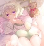  1girl animal_ear_fluff animal_ears ass bangs bare_shoulders barefoot bed blush bow camisole commentary_request eyebrows_visible_through_hair feet green_camisole green_shorts grey_hair hair_between_eyes highres jacket komachi_pochi long_sleeves looking_at_viewer looking_back lying off_shoulder on_bed on_stomach open_clothes open_jacket original panties parted_lips pillow red_bow short_hair short_shorts shorts sleeves_past_fingers sleeves_past_wrists soles solo stuffed_animal stuffed_toy tail teddy_bear underwear v-shaped_eyebrows violet_eyes white_jacket white_panties 