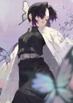 1girl belt black_hair blurry bug butterfly butterfly_hair_ornament closed_eyes depth_of_field from_below hair_ornament highres insect kimetsu_no_yaiba kochou_shinobu looking_away mossi multicolored_hair parted_lips purple_background purple_hair short_hair solo