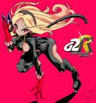  1girl blonde_hair bodysuit breasts closed_mouth cosplay dark_skin gravity_daze hairband kitten_(gravity_daze) long_hair looking_at_viewer persona persona_5 persona_5_the_royal pungter red_eyes simple_background smile solo 