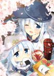  2girls anchor_symbol apple_bunny black_legwear black_sailor_collar black_skirt blue_eyes cherry_blossoms chibi commentary_request dual_persona eating flat_cap food hammer_and_sickle hat hibiki_(kantai_collection) highres hizuki_yayoi kantai_collection long_hair looking_at_viewer lying multiple_girls neckerchief on_stomach one_eye_closed onigiri pleated_skirt red_neckwear sailor_collar school_uniform serafuku silver_hair sitting skirt thermos thigh-highs upper_body verniy_(kantai_collection) 