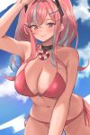  1girl absurdres azur_lane bare_shoulders bikini black_choker blush breasts bremerton_(azur_lane) choker collarbone commentary_request cowboy_shot hair_ornament halterneck highres large_breasts leaning_forward lifebuoy multicolored_hair navel no_mole pink_bikini pink_hair renzu_(lens_02) side-tie_bikini sidelocks smile solo stomach streaked_hair string_bikini swimsuit thighs twintails two-tone_hair x_hair_ornament 