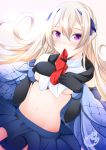  1girl azur_lane bangs black_gloves blue_cape blue_skirt blush bracelet breast_suppress breasts cape casablanca_(azur_lane) commentary_request crop_top dated dutch_angle elbow_gloves eyebrows_visible_through_hair gloves groin hair_between_eyes hair_ornament half_updo highres jewelry long_hair looking_at_viewer medium_breasts midriff mouth_hold navel necktie off_shoulder origami_aya pleated_skirt red_neckwear shirt shirt_lift sidelocks signature silver_hair simple_background skirt sleeveless sleeveless_shirt solo under_boob upper_body violet_eyes white_shirt 