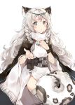  1girl animal_ear_fluff animal_ears arknights belt blush bracelet braid capelet circlet cloak grey_eyes highres jewelry long_hair looking_at_viewer messy_hair necklace outstretched_hand pouch pramanix_(arknights) side_slit simple_background situmey solo tail thigh-highs thighs white_background white_hair wristband 