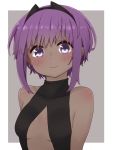  1girl bangs bare_shoulders black_leotard blush breasts center_opening closed_mouth dark_skin eyebrows_visible_through_hair fate/prototype fate/prototype:_fragments_of_blue_and_silver fate_(series) grey_background hassan_of_serenity_(fate) i.u.y leotard looking_at_viewer purple_hair sidelocks small_breasts smile solo two-tone_background upper_body violet_eyes white_background 