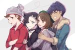  2boys 2girls beanie black_choker black_hair black_jacket blue_hair brown_hair cardigan choker dark_skin dark_skinned_male dress earrings fur-trimmed_jacket fur_trim grey_cardigan hat heart heart_of_string hop_(pokemon) hug hug_from_behind jacket jewelry mary_(pokemon) masaru_(pokemon) multiple_boys multiple_girls pink_dress pokemon pokemon_(game) pokemon_swsh red_shirt shirt smile tagme tam_o&#039;_shanter yuuri_(pokemon) 