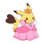 artsy-rc clothed_pokemon commentary cosplay crown english_commentary full_body gen_1_pokemon highres super_mario_bros. no_humans parted_lips pikachu pokemon pokemon_(creature) princess_peach princess_peach_(cosplay) signature simple_background solo standing white_background 