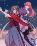  1boy 1girl 2019 absurdres bangs black_gloves black_legwear blue_eyes blurry blurry_background breasts brown_hair closed_mouth closed_umbrella dress elbow_gloves floating_hair gintama glorenia gloves grey_hakama hair_bun hakama highres holding holding_sword holding_umbrella holding_weapon japanese_clothes kagura_(gintama) katana kimono long_hair looking_at_viewer medium_breasts mouth_hold okita_sougo orange_hair oriental_umbrella ponytail purple_umbrella red_eyes red_kimono red_ribbon ribbon ribbon-trimmed_legwear ribbon_trim sheath shiny shiny_hair side_slit signature sleeveless sleeveless_dress swept_bangs sword thigh-highs umbrella weapon white_dress 