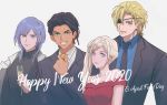  1girl 2020 3boys adz_lrp alternate_costume blonde_hair blue_eyes braid claude_von_riegan closed_mouth cup dark_skin dark_skinned_male dimitri_alexandre_blaiddyd drinking_glass earrings edelgard_von_hresvelg eyepatch fire_emblem fire_emblem:_three_houses formal green_eyes grin happy_new_year holding holding_cup jewelry long_hair long_sleeves multiple_boys necktie new_year parted_lips purple_hair short_hair side_ponytail simple_background single_braid smile suit upper_body violet_eyes white_hair wine_glass yuri_(fire_emblem) 