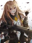  1girl :p absurdres armband bag bangs black_gloves black_jacket blonde_hair blush buttons duffel_bag eyebrows_visible_through_hair girls_frontline gloves gun hair_between_eyes hand_up highres holding holding_gun holding_weapon huge_filesize jacket long_hair long_sleeves looking_at_viewer myowa open_clothes open_jacket red_eyes ribbon scar scar_across_eye shirt shoulder_bag side_ponytail skirt solo tongue tongue_out ump9_(girls_frontline) weapon white_shirt 