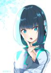  1girl android bangs blue_eyes finger_to_cheek flower humagear_headphones is_(kamen_rider_01) jacket kamen_rider kamen_rider_01_(series) open_mouth robot_ears short_hair solo white_background white_jacket yuuzii 