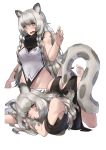  1girl absurdres all_fours alternate_costume animal_ear_fluff animal_ears arknights bare_legs barefoot black_dress black_hair blush breasts china_dress chinese_clothes chinese_commentary closed_mouth commentary_request dress eyebrows_visible_through_hair fur_collar grey_eyes highres large_breasts leopard_ears leopard_tail long_hair multicolored_hair multiple_views open_mouth pelvic_curtain pramanix_(arknights) shizuoxing_kof sideboob silver_hair simple_background sleeveless tail thighs two-tone_hair wavy_hair wavy_mouth white_background 