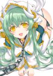  1girl all_fours bangs blush breasts chain collar crossed_bangs dragon_girl dragon_horns fang fate/grand_order fate_(series) green_hair hair_between_eyes hair_ornament highres hood hood_up hooded_robe horns kiyohime_(fate/grand_order) large_breasts long_hair long_sleeves looking_at_viewer morizono_shiki multiple_horns open_mouth simple_background smile solo tail thigh-highs white_background white_bikini_bottom white_legwear white_robe wide_sleeves yellow_eyes 
