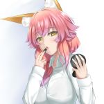  1girl absurdres animal_ear_fluff animal_ears bangs collared_shirt dress_shirt eyebrows_visible_through_hair fate/extra fate_(series) fox_ears hair_between_eyes hand_mirror highres holding kamehito makeup mirror open_mouth pink_hair pink_lipstick_tube shiny shiny_hair shirt short_hair simple_background solo tamamo_(fate)_(all) tamamo_no_mae_(fate) upper_body white_background white_shirt wing_collar yellow_eyes 