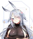 1girl absurdres animal_ears arknights asymmetrical_bangs bangs black_cloak black_gloves blue_eyes blush breast_hold breasts cloak crossed_arms gloves hair_over_one_eye highres large_breasts lips long_hair looking_at_viewer moyamoya_(moya11158375) parted_bangs rabbit_ears savage_(arknights) sideboob silver_hair simple_background smile solo sparkle two_side_up upper_body white_background 