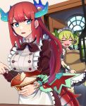  2girls :3 =_= apron bangs batter black_dress blue_eyes blue_horns blush bowl breasts brown_choker buttons choker collar commentary_request detached_collar door dragon_girl dragon_horns dragon_tail dragon_wings dragonmaid_parla dragonmaid_tillroo dress duel_monster eyebrows_visible_through_hair frilled_apron frilled_collar frilled_sleeves frills green_hair green_legwear hair_between_eyes hair_rings highres holding holding_bowl holding_sack holding_whisk horns indoors lace-trimmed_apron large_breasts long_hair long_sleeves looking_at_viewer lower_teeth maid maid_apron maid_dress maid_headdress mixing mixing_bowl motion_lines multiple_girls nose_blush open_door open_mouth popon_ta_(npopo) puffy_long_sleeves puffy_short_sleeves puffy_sleeves red_dress red_neckwear redhead sack short_sleeves sidelocks spatula standing sweatdrop tail thigh-highs twintails upper_body whisk window wings wrist_cuffs yellow_horns yuu-gi-ou zettai_ryouiki |d 
