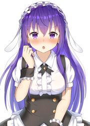  1girl :o apron bangs black_neckwear black_ribbon blush collared_shirt dress_shirt eyebrows_visible_through_hair fleur_de_lapin_uniform gochuumon_wa_usagi_desu_ka? hair_between_eyes hair_down long_hair looking_at_viewer neck_ribbon purple_hair raru0310 ribbon shiny shiny_hair shirt simple_background solo straight_hair tedeza_rize very_long_hair violet_eyes waist_apron white_apron white_background white_shirt wing_collar 