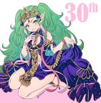  1girl anniversary barefoot dress fire_emblem fire_emblem:_three_houses full_body green_eyes green_hair grin long_hair pointy_ears simple_background sitting smile solo sothis_(fire_emblem) tiara twitter_username vinhnyu 