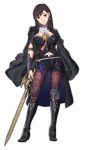  1girl absurdres armor black_shorts brown_eyes brown_hair byleth_(fire_emblem) byleth_eisner_(female) byleth_eisner_(female)_(cosplay) cosplay dagger ebinku final_fantasy final_fantasy_vii fire_emblem fire_emblem:_three_houses full_body highres holding holding_sword holding_weapon long_hair navel navel_cutout pantyhose parted_lips sheath sheathed shorts simple_background solo sword tifa_lockhart weapon white_background 