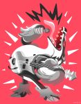  bass_guitar claws commentary emphasis_lines english_commentary gen_8_pokemon holding holding_instrument holding_microphone instrument leaning_back microphone music no_humans obstagoon pink_background pokemon pokemon_(creature) sharp_teeth signature simple_background singing solo standing teeth tongue tongue_out versiris 