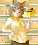 1girl absurdres alternate_costume animal_ears ascot bangs bracelet cake chef_uniform commentary_request cowboy_shot eyebrows_visible_through_hair food glint grey_hair grey_skirt grin gumi_(fwjn7284) hand_on_hip head_tilt highres holding holding_plate indoors jewelry kitchen long_sleeves looking_at_viewer mouse_ears nazrin pendant plate red_eyes short_hair skirt sleeves_rolled_up smile solo standing swept_bangs tail touhou yellow_neckwear