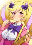  1girl animal_ears blonde_hair blush breasts cat_ears closed_mouth expressionless eyebrows_visible_through_hair guitar hair_ornament hair_ribbon highres holding holding_instrument honda_naoki instrument large_breasts long_hair long_sleeves looking_at_viewer mashima_himeko_(show_by_rock!!) multicolored_hair purple_hair red_eyes ribbon shiny shiny_hair show_by_rock!! simple_background solo twintails upper_body yellow_background 