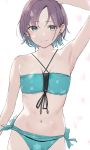  1girl aqua_bikini aqua_eyes aqua_hair aqua_ribbon arm_at_side arm_up armpits asakura_tooru bangs bare_shoulders bikini black_ribbon blush breasts commentary_request criss-cross_halter eyebrows_visible_through_hair gradient_hair halterneck hand_on_own_head highres idolmaster idolmaster_shiny_colors multicolored_hair navel nekoshoko parted_bangs parted_lips purple_hair ribbon short_hair side-tie_bikini simple_background small_breasts smile solo stomach swimsuit white_background 