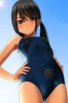  1girl absurdres bangs bare_arms bare_shoulders black_hair blue_sky blush breasts brown_eyes closed_mouth cowboy_shot eyebrows_visible_through_hair hair_between_eyes hands_on_hips highres light_frown long_hair looking_at_viewer matsunaga_kouyou new_school_swimsuit nose_blush original outdoors school_swimsuit sky small_breasts solo sun swimsuit tan twintails 