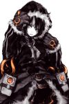  1girl belt closed_mouth fur-trimmed_hood fur-trimmed_jacket fur_trim gloves greyscale gun hiens hood hood_up hooded_jacket jacket medium_hair monochrome original shaded_face simple_background solo spot_color striped striped_jacket weapon white_background 