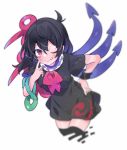  1girl ;q akagashi_hagane akanbe asymmetrical_wings black_dress black_hair black_legwear blue_wings commentary cowboy_shot cropped_legs dress hand_on_hip hand_up houjuu_nue leaning_forward looking_at_viewer one_eye_closed red_eyes red_neckwear red_wings short_dress short_hair short_sleeves snake solo thigh-highs tomoe_(symbol) tongue tongue_out touhou white_background wings wristband 