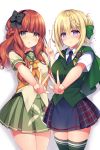  2girls bangs blonde_hair blue_skirt blunt_bangs blush braid braided_bangs braided_bun breasts capelet chestnut_mouth commentary_request de_ruyter_(kantai_collection) eyebrows_visible_through_hair green_eyes green_legwear green_sailor_collar green_serafuku green_vest hair_between_eyes hair_ribbon hairband highres kantai_collection long_hair looking_at_viewer medium_breasts multiple_girls neckerchief necktie open_mouth orange_neckwear outstretched_arm perth_(kantai_collection) pleated_skirt redhead ribbon ringo_sui sailor_collar school_uniform serafuku shirt short_sleeves sidelocks simple_background skirt sweatdrop thigh-highs trembling v vest violet_eyes white_background white_shirt 