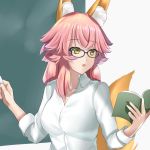  1girl absurdres animal_ear_fluff animal_ears black-framed_eyewear book chalkboard collarbone collared_shirt dress_shirt fate/extra fate_(series) fox_ears fox_tail glasses highres holding kamehito long_hair open_book open_mouth pink_hair shiny shiny_hair shirt solo tail tamamo_(fate)_(all) tamamo_no_mae_(fate) teacher upper_body white_shirt wing_collar yellow_eyes 