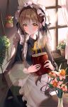  1girl blush book brown_eyes brown_hair closed_mouth eyebrows_visible_through_hair flower highres holding holding_book icebox46 indoors long_hair long_sleeves looking_at_viewer maid maid_headdress original solo twintails vase window 