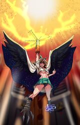  1girl absurdres arm_cannon arm_up bird_wings black_legwear black_panties breasts brown_hair burnt burnt_clothes cape commentary_request dryseaweed evil_grin evil_smile fang feathered_wings floating green_ribbon green_skirt grin hair_ribbon highres index_finger_raised indoors korean_commentary large_breasts long_hair looking_at_viewer midriff navel nuclear_reactor nuclear_weapon panties pantyshot pantyshot_(standing) red_eyes reiuji_utsuho ribbon shirt short_sleeves skirt slit_pupils smile socks solo standing sun touhou under_boob underwear very_long_hair weapon white_shirt wings wire 