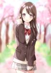  1girl :d absurdres blazer blurry blurry_background blurry_foreground blush bow brown_eyes brown_hair brown_jacket brown_sweater cherry_blossoms collared_shirt commentary_request cowboy_shot depth_of_field dress_shirt grey_skirt hachimitsu_honey hand_up highres jacket long_hair long_sleeves looking_at_viewer open_mouth original petals plaid plaid_skirt pleated_skirt red_bow school_uniform shirt skirt sleeves_past_wrists smile solo sweater very_long_hair white_shirt 