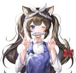  1girl absurdres animal_ears blue_eyes blush bow brown_hair cat_ears cat_tail closed_mouth collared_shirt eyebrows_visible_through_hair fish food_in_mouth harusame_(user_wawj5773) highres long_hair looking_at_viewer mouth_hold one_eye_closed original red_bow shirt solo tail tail_bow twintails upper_body v white_shirt 