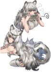  &gt;_&lt; 1girl absurdres animal_ears arknights black_hair blush braid breasts breath chinese_commentary circlet commentary_request eyebrows_visible_through_hair grey_eyes grey_legwear harmonica highres instrument large_breasts leopard_ears leopard_tail long_hair looking_at_viewer multicolored_hair multiple_views pramanix_(arknights) shizuoxing_kof side_braids sideboob silver_hair simple_background sitting squiggle tail thigh-highs twin_braids two-tone_hair wavy_hair white_background 
