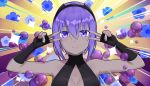  1girl bangs bare_shoulders black_gloves black_hairband black_leotard breasts bubble center_opening closed_mouth collarbone dark_skin double_v elbow_gloves emotional_engine_-_full_drive fate/grand_order fate/prototype fate/prototype:_fragments_of_blue_and_silver fate_(series) fingerless_gloves floral_background gloves hair_between_eyes hairband hands_up hassan_of_serenity_(fate) highres leotard looking_at_viewer medium_breasts parody purple_background purple_hair short_hair smile solo sparkle sunburst sunburst_background v violet_eyes yellow_background zhibai 