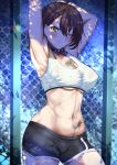  1girl ;) ahoge araimooah armpits arms_up azur_lane baltimore_(after-school_ace)_(azur_lane) baltimore_(azur_lane) bandaid black_choker black_hair black_shorts blush boyshorts braid breasts chain-link_fence chest_tattoo choker closed_mouth covered_nipples cowboy_shot fence flower_tattoo hair_between_eyes large_breasts looking_at_viewer navel one_eye_closed short_hair shorts smile solo sports_bra stomach stomach_tattoo stretch sweat tattoo tight toned under_boob yellow_eyes 